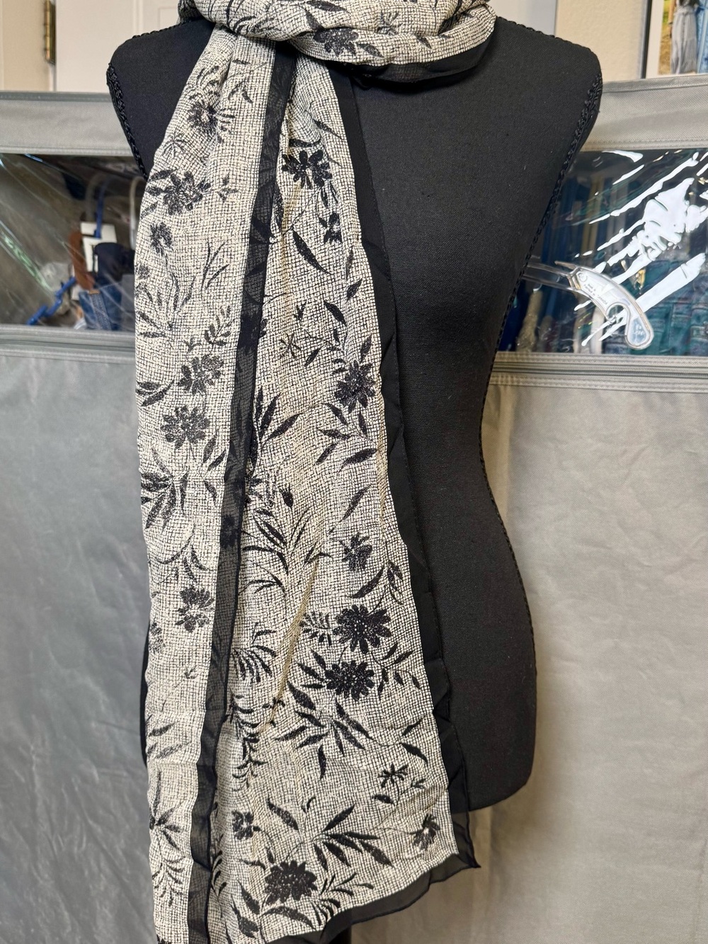 Talbots Black and Cream Floral Scarf- 100% Silk